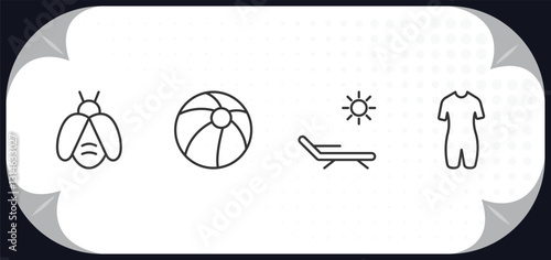 outline icons set - summer concept. firefly, beach ball, deck chairs and sun, wetsuit.