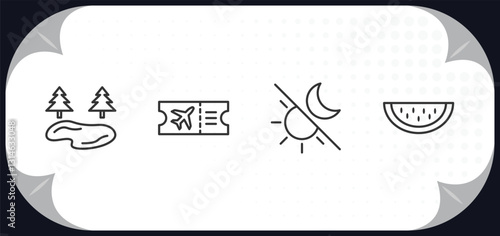 outline icons set - summer concept. lake, plane ticket, solstice, slice of melon.