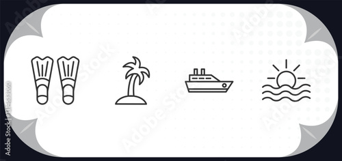 outline icons set - summer concept. fins, island with palm trees, cruise, ocean.