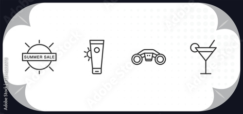 outline icons set - summer concept. summer sale, sunscreen, sea scooter, bar.