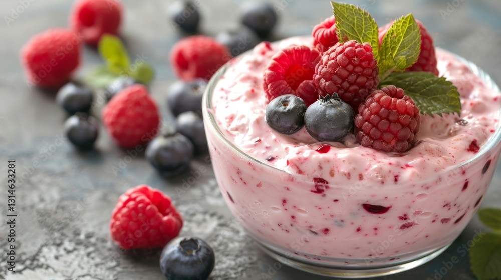 Healthy mixed berry yogurt bowl with fresh mint for breakfast and dessert Healthy mixed berry yogurt bowl with fresh mint for breakfast and dessert