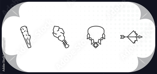 outline icons set - stone age concept. club, cudgel, amulet, bow.