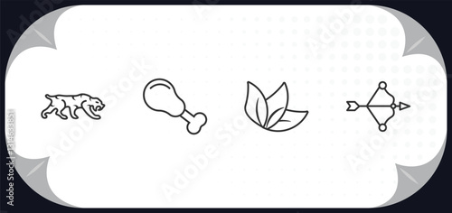 outline icons set - stone age concept. saber toothed tiger, chicken leg, leaf, bow and arrow.