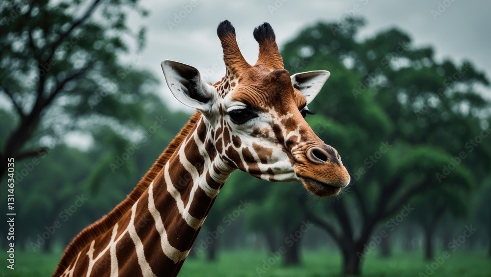 Close-up of a giraffe with a green tree backdrop.
