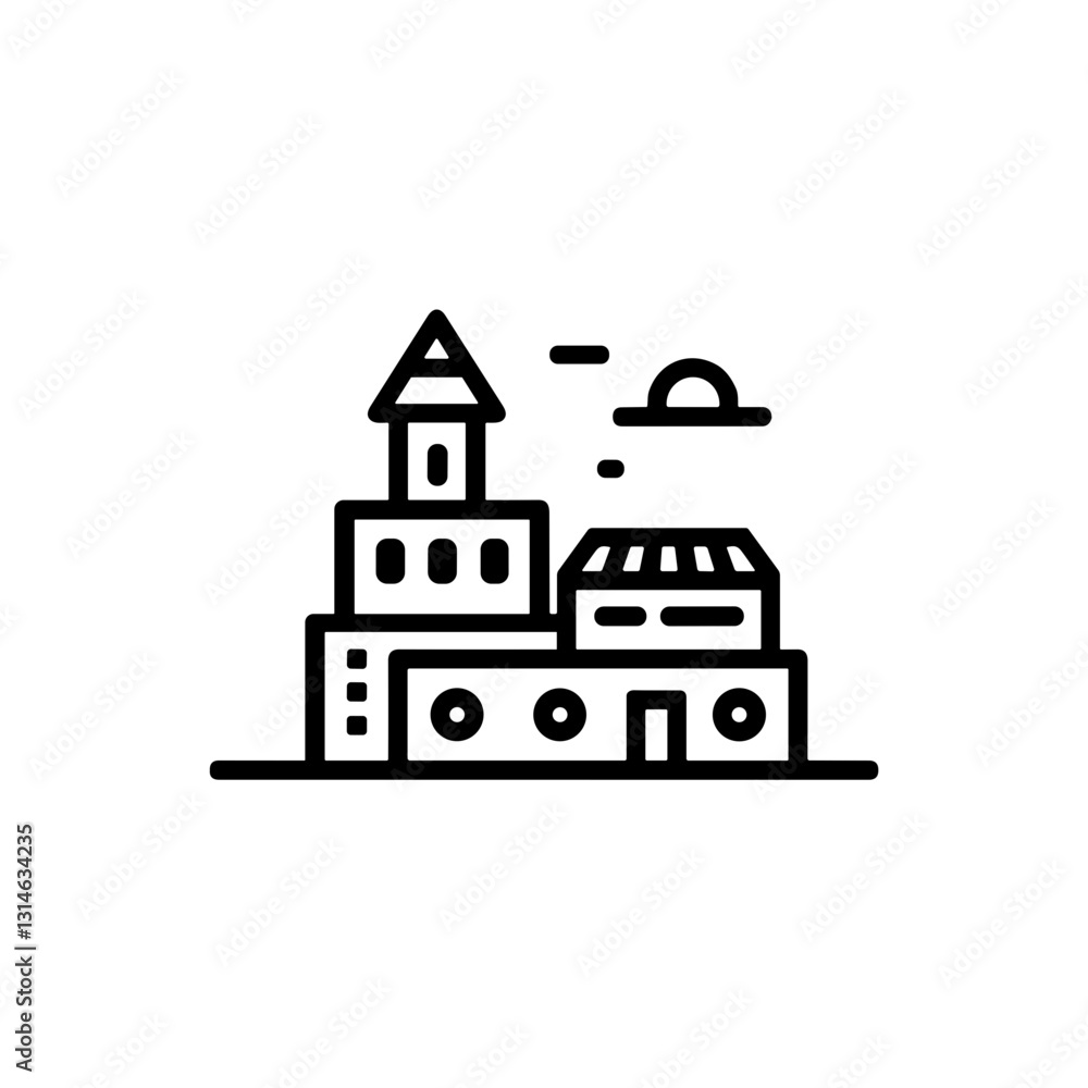 Fototapeta premium Stylized castle icon with sun and clouds, architectural design