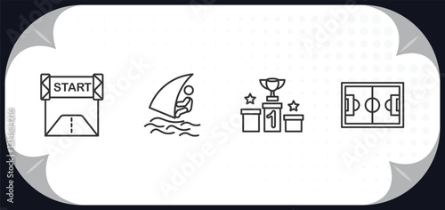 outline icons set - sports concept. starting line, windsurf sea, podium with cup, football pitch.