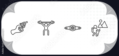 outline icons set - sports concept. starting gun, man lifting weight, boxer with belt, adventure.