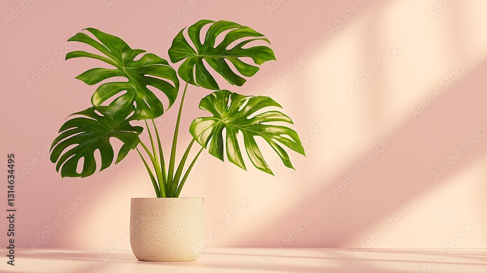 Monstera Deliciosa in Speckled Pot Against Pastel Pink Wall with Sunlight Monstera Deliciosa in Speckled Pot Against Pastel Pink Wall with Sunlight