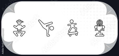 outline icons set - sports concept. wushu, capoeira, boy with skatingboard, world cup.
