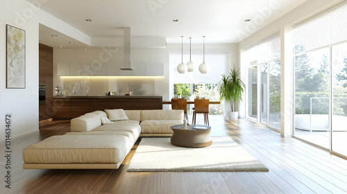 Modern Open Plan Living Room Interior With White Sofa Wood Floors Large Windows and City View in Daylight