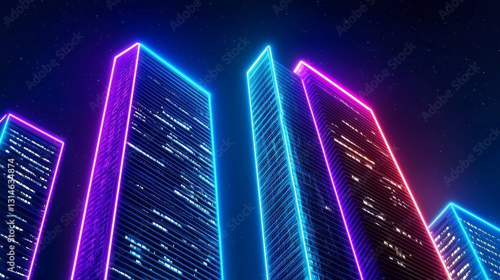 Neon Cityscape at Night Glowing Pink Blue Purple Skyscrapers Neon Cityscape at Night Glowing Pink Blue Purple Skyscrapers