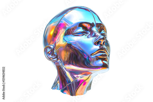 3D futuristic metallic human head sculpture Isolated on White and Transparent Background PNG Image.