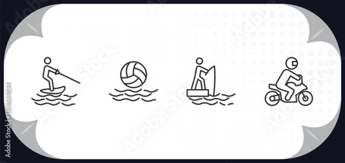outline icons set - sports concept. jet surfing, waterpolo, fisher fishing, motorbike riding.