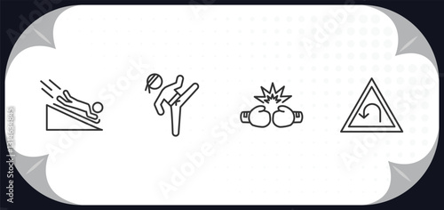outline icons set - sports concept. scuba diving, taekwondo, two boxing gloves, left bend.