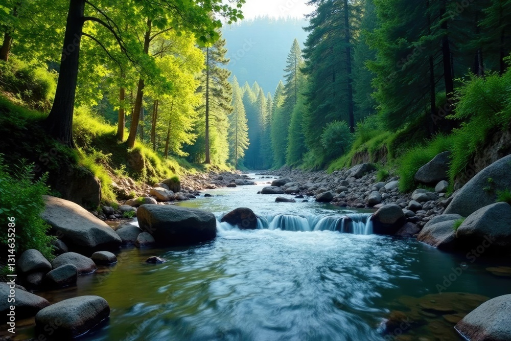 Obraz premium River water flowing through a narrow forest canyon, natural scenery, canyon scenery