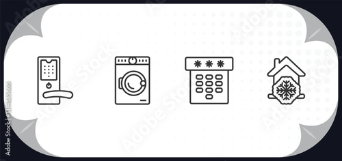 outline icons set - smart home concept. handle, washer hine, dial, cool.