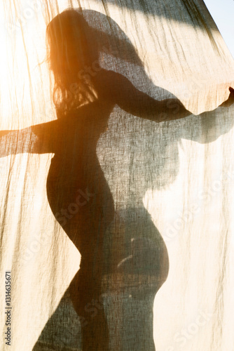 Photography A silhouette of a pregnant woman behind a curtain