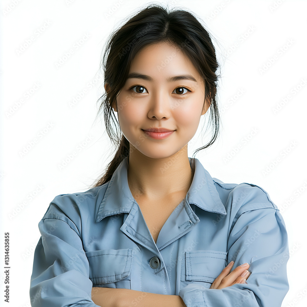 Confident Young Asian Woman in Blue Shirt Displaying Natural Beauty and Friendly Expression in Studio Portrait Confident Young Asian Woman in Blue Shirt Displaying Natural Beauty and Friendly Expression in Studio Portrait