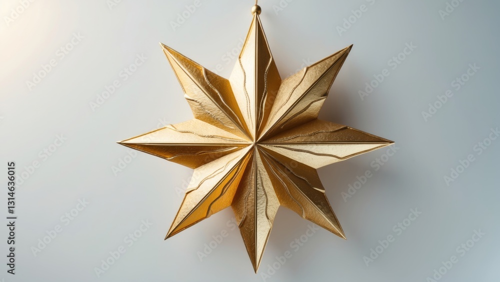 Christmas star in gold, set against a white background. Close-Up Top View of a Gold Star. Christmas star in gold, set against a white background. Close-Up Top View of a Gold Star.