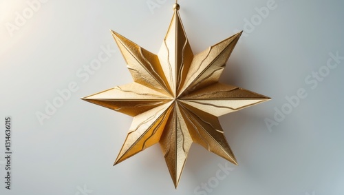 Christmas star in gold, set against a white background. Close-Up Top View of a Gold Star.