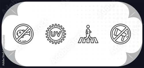 outline icons set - signs concept. no fishing, uv ray warning, pedestrian, no shouting.
