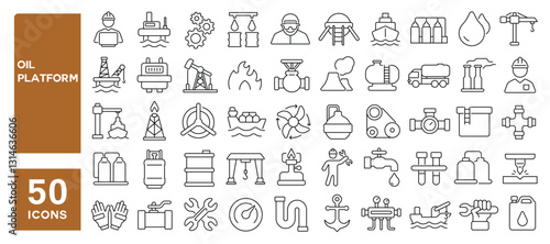 Set of 50 line icons related to oil platform, fuel, gas, oil, industry, refinery, pipeline, gasoline, pump, station, fracking, tank, Editable stroke. Vector illustration