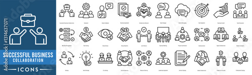 Successful Business Collaboration icon set. Teamwork, Honest Feedback, Business Agreement, Collaboration Network, Open Dialogue, Unified Messaging and Goal Alignment