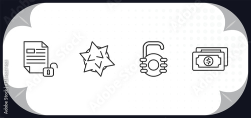 outline icons set - security concept. unlocked file, e, open access, two dollar bills.