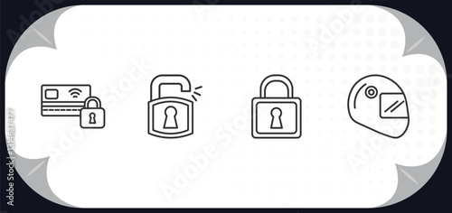 outline icons set - security concept. locked card, unlock padlock, locked padlock, racing helmet.