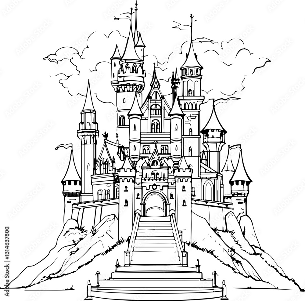 Fototapeta premium gothic house, city, town, vector, building, illustration, cartoon, street, architecture, castle, old, home, urban, design, art, sketch, drawing, travel, vintage, tree, europe, seamless, village, roof,