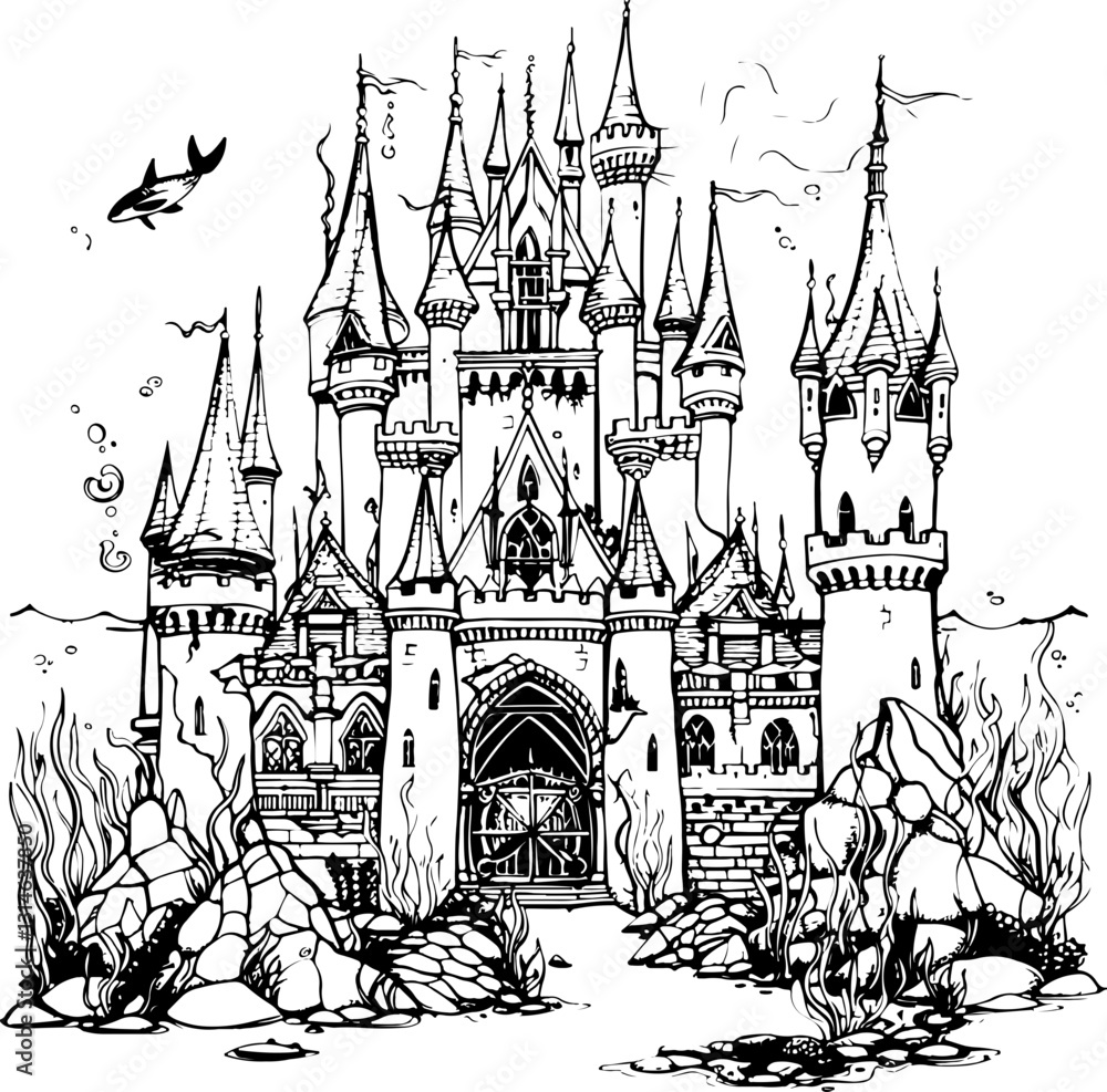 Fototapeta premium gothic house, city, town, vector, building, illustration, cartoon, street, architecture, castle, old, home, urban, design, art, sketch, drawing, travel, vintage, tree, europe, seamless, village, roof,
