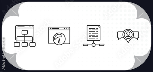 outline icons set - search engine optimization concept. sitemap, speed, sharing archives, viral marketing.