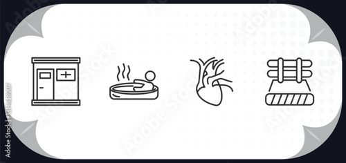 outline icons set - sauna concept. infrared heat cabin, irish steam bath, cardiovascular system, brine cabin.
