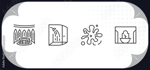 outline icons set - sauna concept. turkish bath, dousing shower, splashing, hamam.