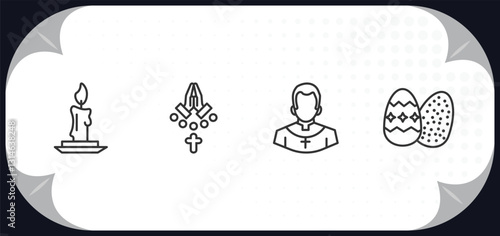 outline icons set - religion concept. candle, faith, priest, easter eggs.
