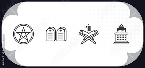 outline icons set - religion concept. pagan, commandments, koran, doi suthep.
