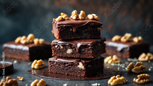 Chocolate spongy brownie cakes topped with melted chocolate and walnuts arranged in a stack.
