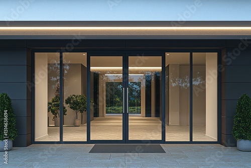 Modern entrance with a flush door and glass features, framed cleanly.