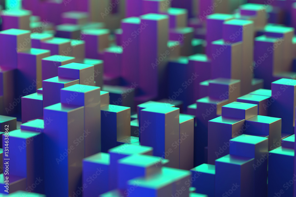Vibrant geometric abstract cityscape with neon cubes for modern design. 3d render Vibrant geometric abstract cityscape with neon cubes for modern design. 3d render