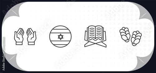 outline icons set - religion concept. dua hands, israel flag, holy quran, challah.