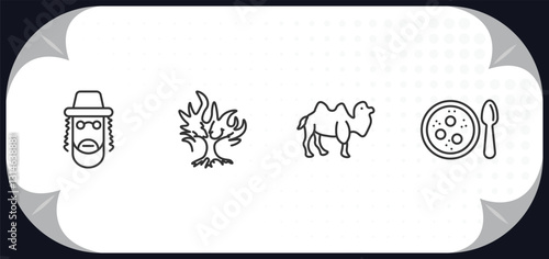 outline icons set - religion concept. rabbi, burning bush, dromedary, matzo ball soup.
