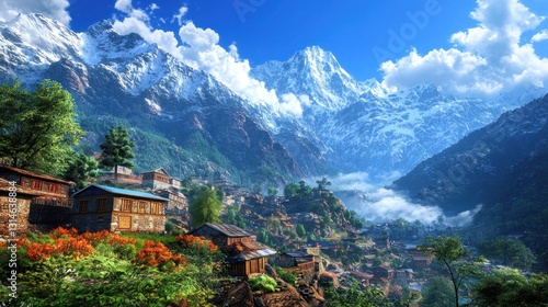 Wallpaper Mural Himalayan Village Under Snow-Capped Peaks, Sunny Landscape Torontodigital.ca