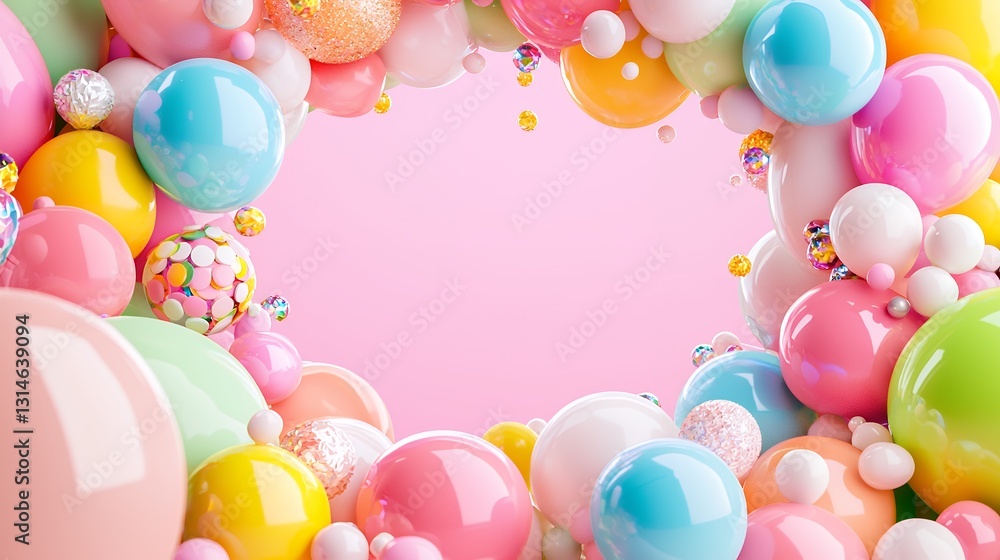 Pastel Colorful Balloons Frame on Pink Background Pastel Colorful Balloons Frame on Pink Background