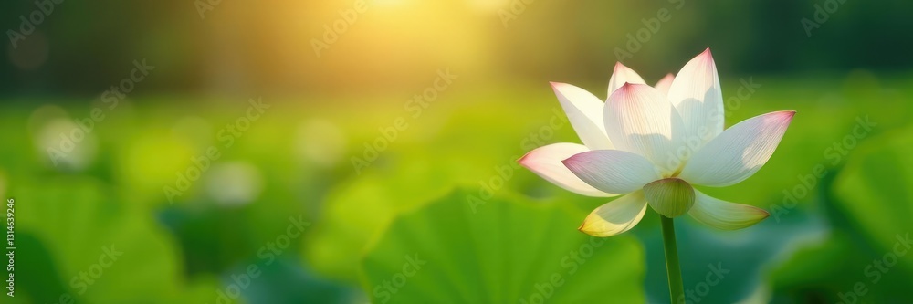 Fototapeta premium Soft light illuminates the white lotus in a field, lotus, soft focus