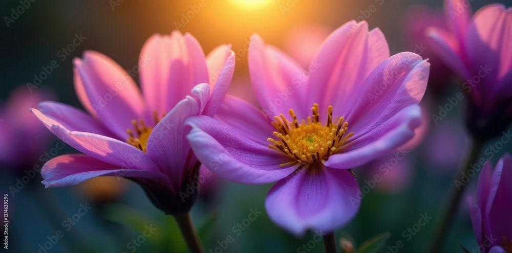 Fototapeta premium Soft light illuminating purple and yellow flower details, flowers, focus, hue