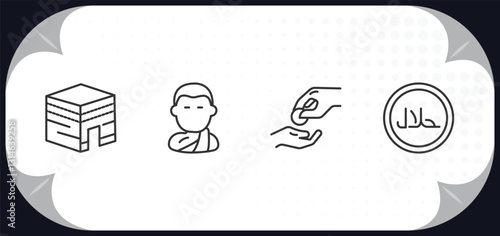 outline icons set - religion concept. kaaba, buddhist monk, sadaqah, halal.