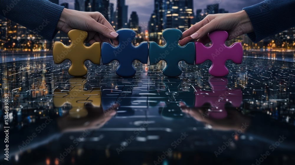 Obraz premium Hands joining colorful puzzle pieces reflecting the city skyline at dusk symbolizing to find solutions and achieve success