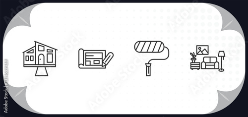 outline icons set - real estate concept. house front view, plans, paint roll, house decoration.
