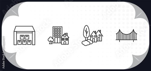 outline icons set - real estate concept. storehouse, property, neighborhood, bridges.