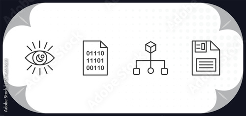 outline icons set - seo concept. visibility, binary code, aorithm, floppy disk.